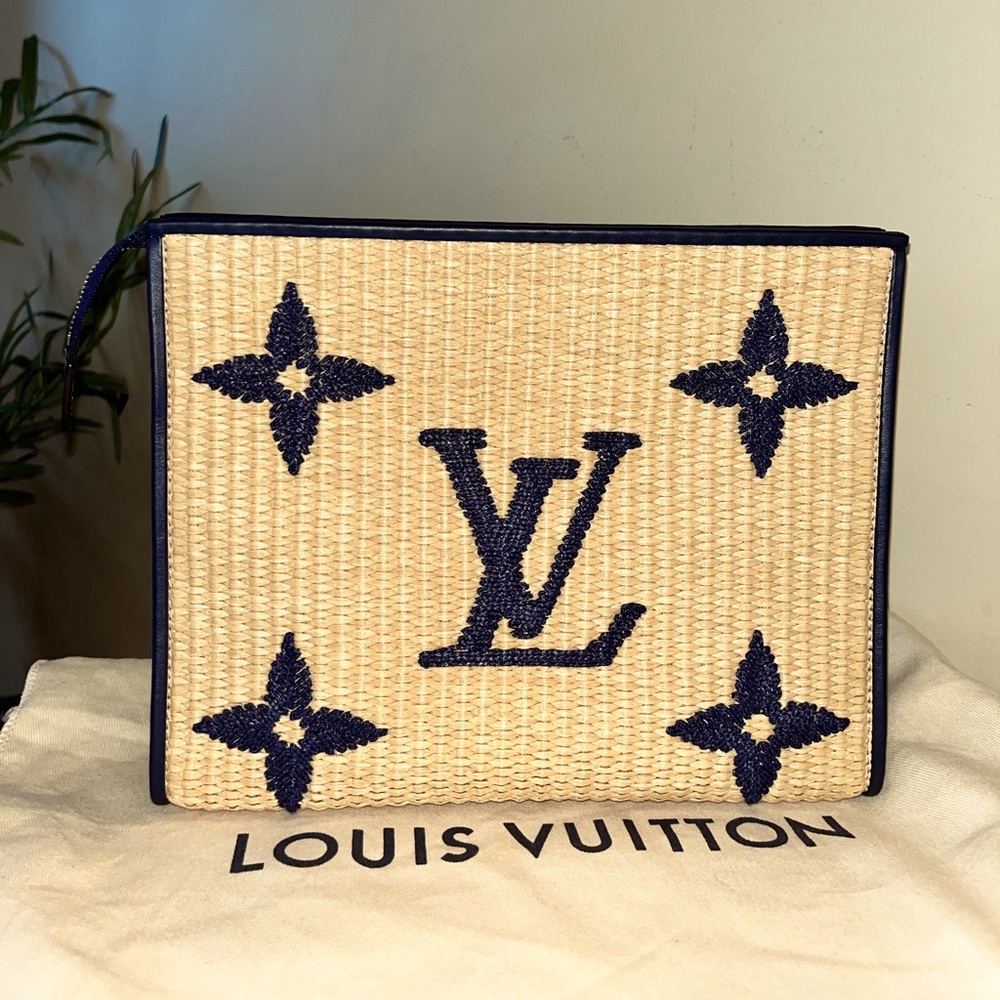 LOUIS VUITTON Raffia Calfskin Monogram Pouch 26 Blue